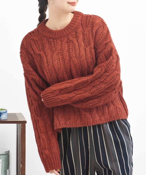 ループモヘアタッチ ケーブル柄 プルオーバー ニット
