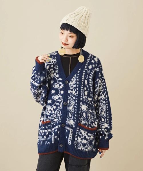 モヘアタッチ 総柄 ジャガード Vネック ニット カーディガン