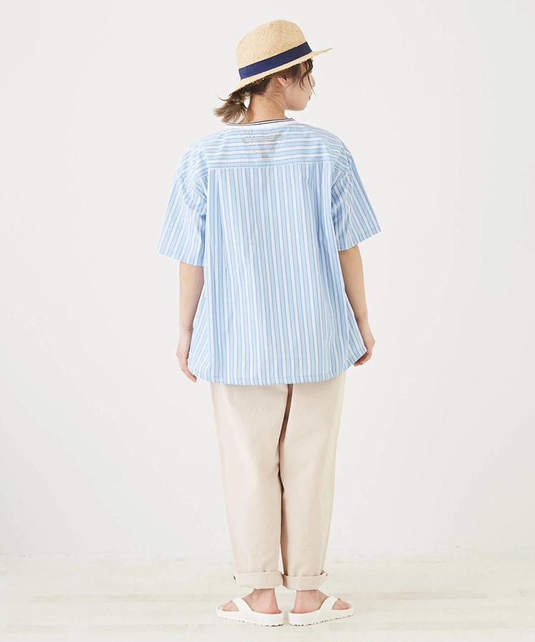 CUBE SUGAR(キューブシュガー) |ストライプ 衿リブ 半袖 プルオーバー シャツ