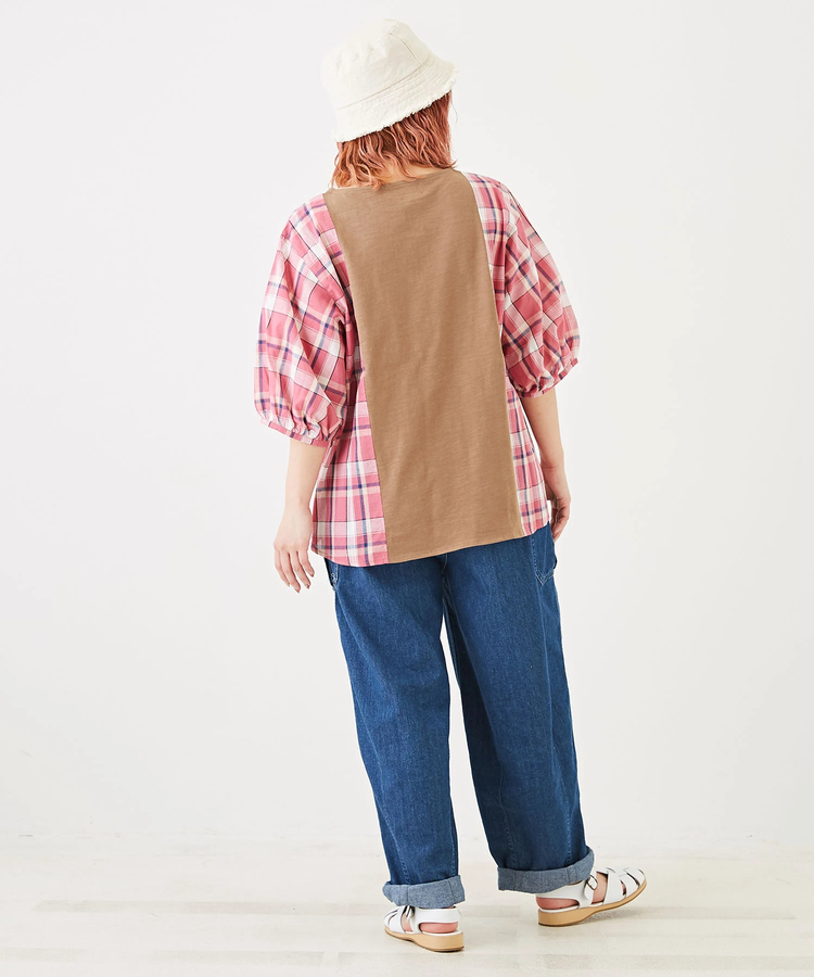 CUBE SUGAR(キューブシュガー) |スラブ天竺 カットソー × チェック バルーン袖 切替 Tシャツ