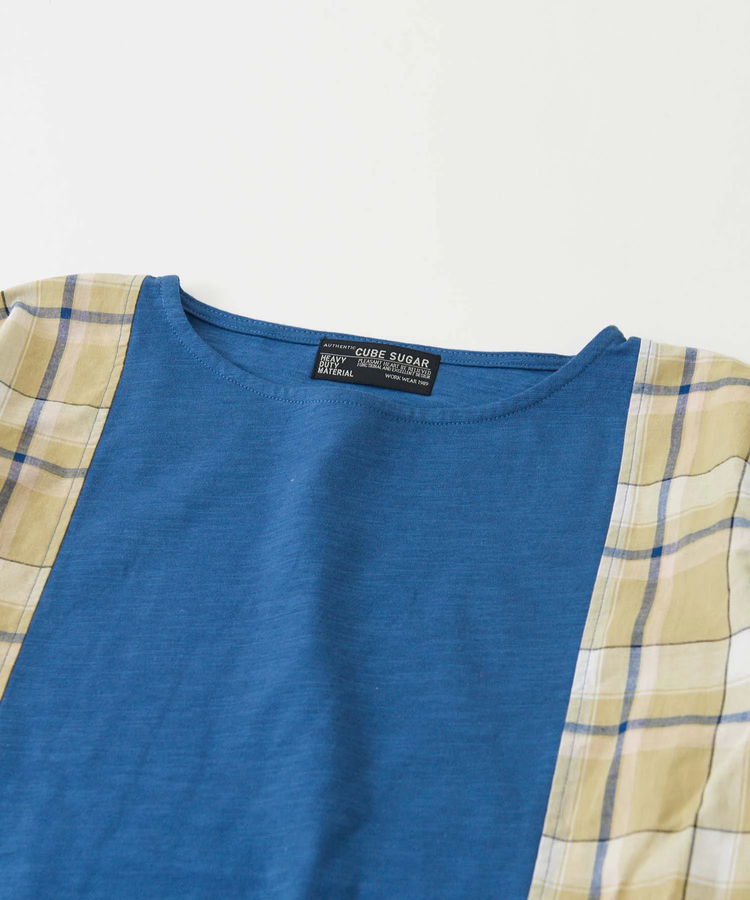 CUBE SUGAR(キューブシュガー) |スラブ天竺 カットソー × チェック バルーン袖 切替 Tシャツ