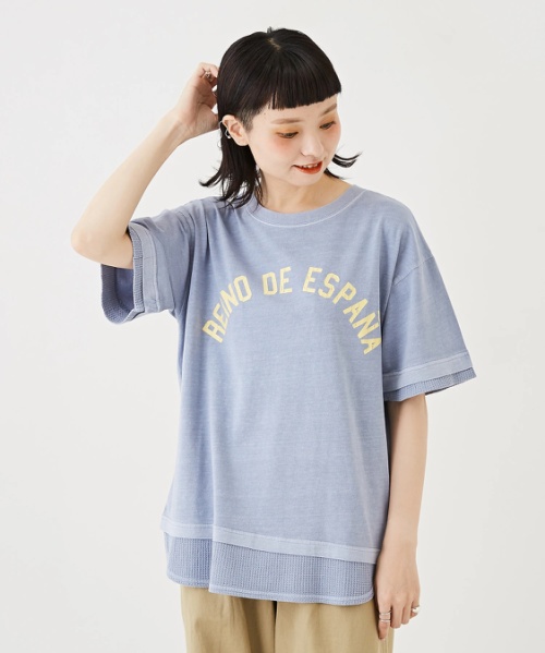カットソー × ワッフル ピグメント染 レイヤード風 ロゴプリント Tシャツ