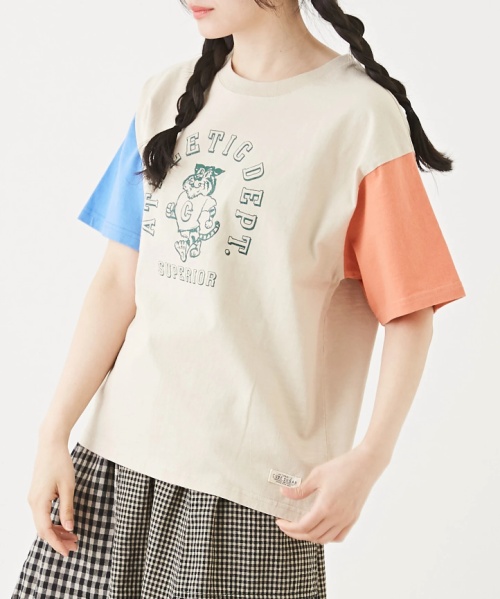 OE天竺 カットソー カレッジ風 プリント ロゴ Tシャツ