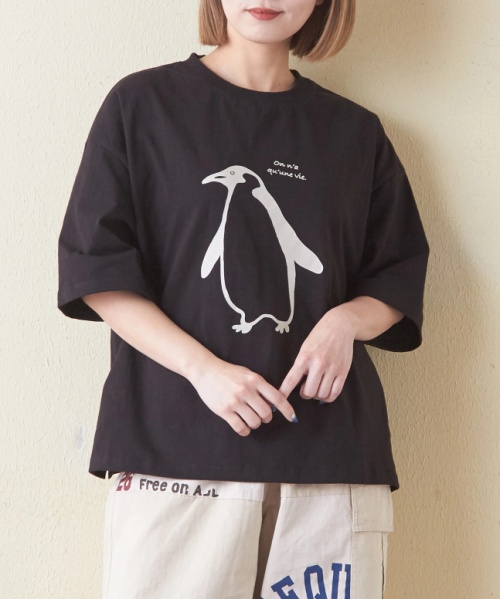 21/-OE天竺 ハードウォッシュ ペンギン プリント Tシャツ