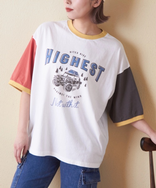 26/-OE天竺 ロゴプリント リンガー Tシャツ