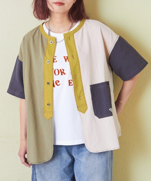 綿 ボイル ロゴ 刺繍 ノーカラー シャツ