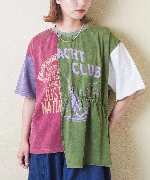 26/-天竺 パウダー加工 リメイク風 切り替え シャーリング Tシャツ