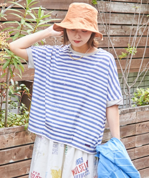 【6/12(木)販売】26/-OE天竺 かすれ ボーダー プリント 汗染み防止 加工 ドルマン Tシャツ