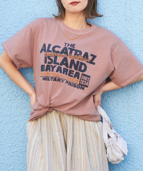 26/-OE天竺 ピグメント染め ロゴプリント ビッグ Tシャツ
