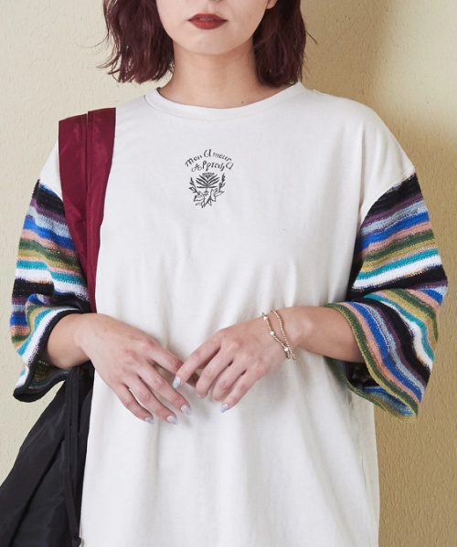 21/-OE天竺 透かし編 ボーダー スリーブ Tシャツ