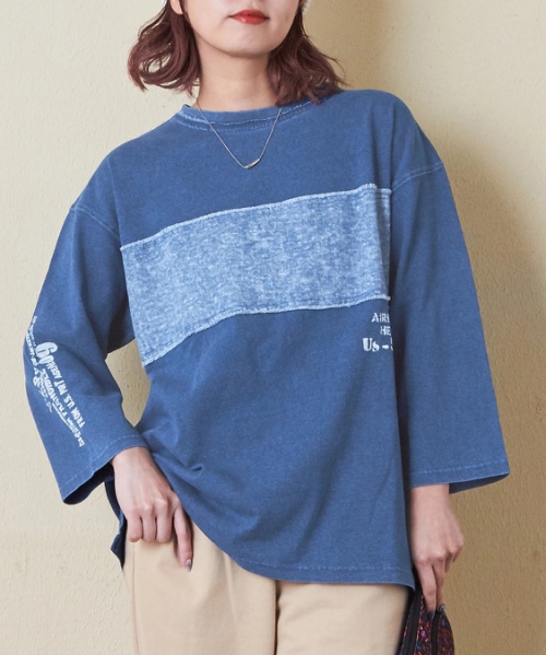 【秋新作 クーポン対象外】インディゴ 天竺 デニム 切替 7分袖 Tシャツ
