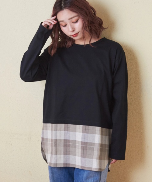 【会員様限定セール除外商品】【秋新作】20/-天竺 裾布帛 切替 クルーネック 長袖 インナー