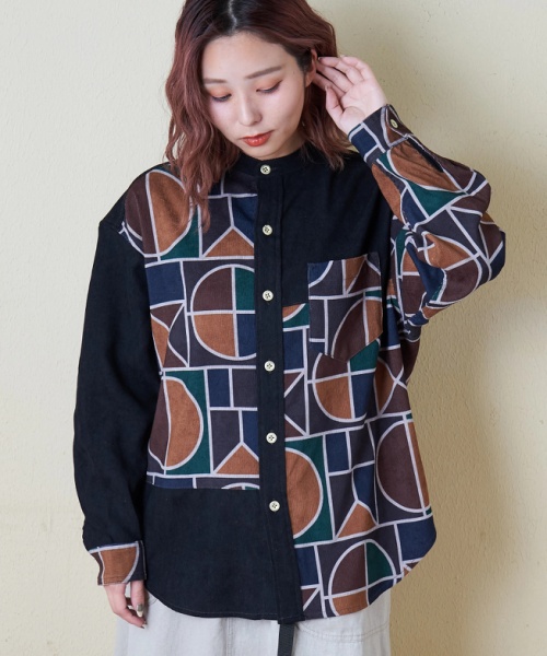 【秋冬新作】シャツコール 総柄 プリント 切替 バンドカラーシャツ