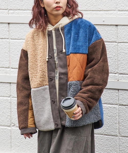 【土日限定タイムセール】【秋冬新作】ボア × ファー × キルト 切替 ノーカラー ジャケット