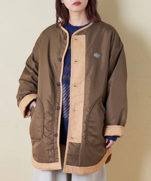 【秋冬新作】中綿 ナイロン 裾ラウンド ノーカラー ジャケット
