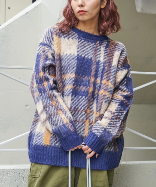 【秋冬新作】モヘアタッチ ニット ジャガード チェック柄 プルオーバー
