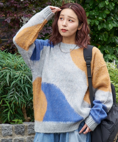 【秋冬新作】モヘアタッチ ニット ジャガード マーブル柄 プルオーバー