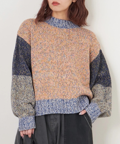 【秋冬新作】バルキー Ac8本 ミックス ニット 配色 切替 プルオーバー