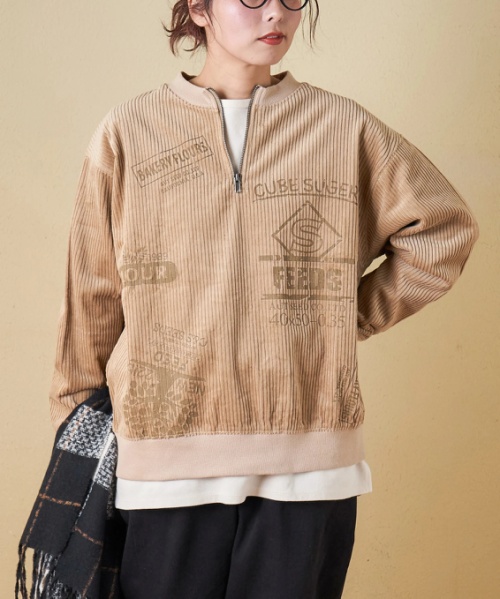 【秋冬新作】6W コーデュロイ ロゴプリント ハーフジップ プルオーバー