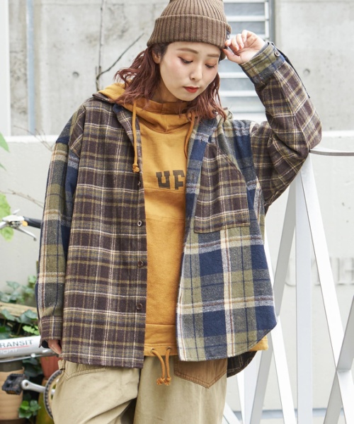【秋冬新作】ネル チェック 切替 ビッグシャツ