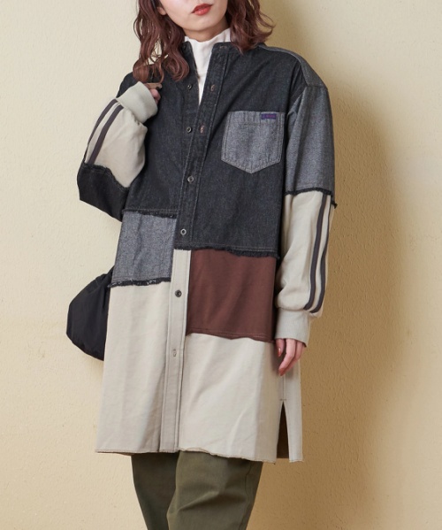 【秋冬新作】8オンス デニム × スウェット リメイク風 チュニック シャツワンピース