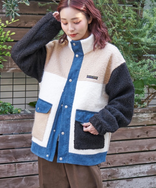 【冬新作】プードルファー スタンドカラー 配色 ブルゾン
