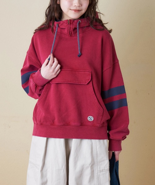 【秋冬新作】裏毛 パウダー加工 スウェット ライン入り プルオーバーパーカー