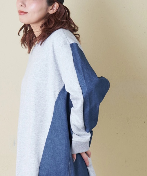 【春新作8%分ポイントバック】デニム × スウェット 切替 プルオーバー