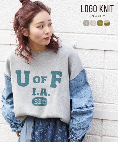 【春新作8%分ポイントバック】ジャガード ニット × デニム 切替 長袖 プルオーバー