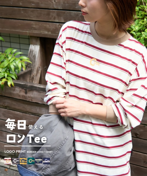 【秋新作】先染め ボーダー ロゴプリント ビッグTシャツ