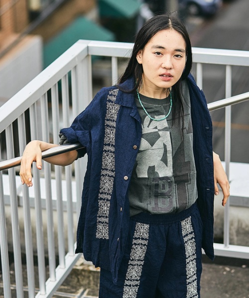 【セール除外商品】 綿麻 インディゴ 刺繍 オープンカラーシャツ ユニセックス