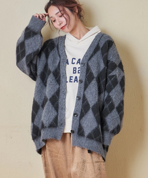 WEB限定 evo. (エボ) アーガイル柄 シャギーニット Vネック カーディガン