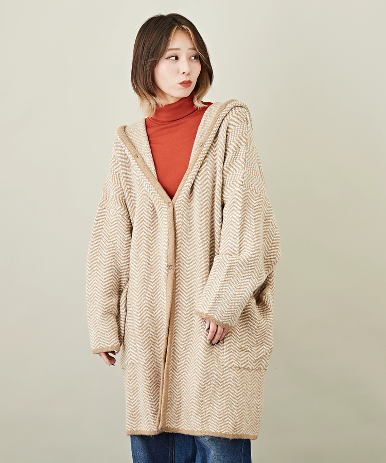 Web限定 ヘリンボン ジャカード フード付 コーディガン ファッション通販サイトのcube Sugar キューブシュガー