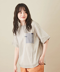 天竺 カットソー ピグメント 切替 ロゴ刺繍 ストライプ ポケット付きTシャツ