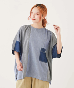 WEB限定 ギンガムチェック × デニム 配色 プルオーバーシャツ