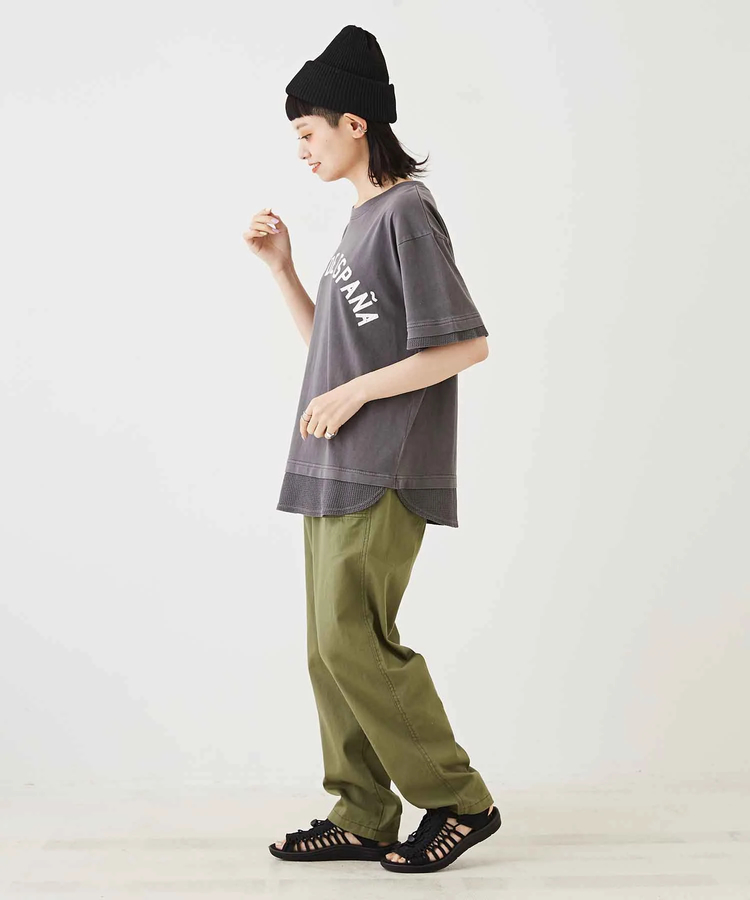 CUBE SUGAR(キューブシュガー) |カットソー × ワッフル ピグメント染 レイヤード風 ロゴプリント Tシャツ