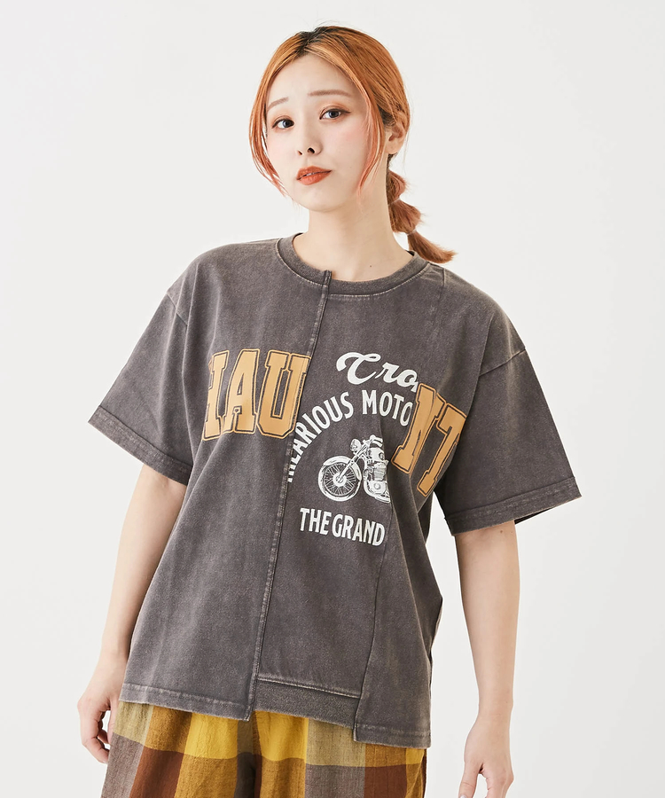 天竺 カットソー パウダー加工 リメイク風 切替 ロゴプリント Tシャツ