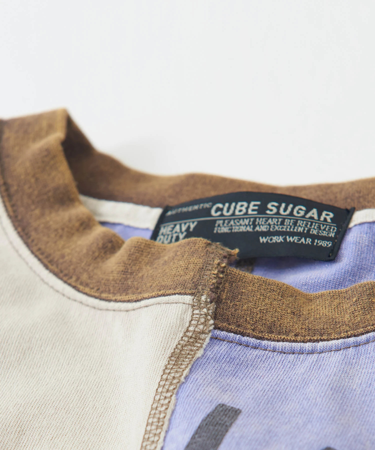 CUBE SUGAR(キューブシュガー) |OE天竺 カットソー ケミカルウォッシュ リメイク風 切替 ロゴプリント ビッグTシャツ