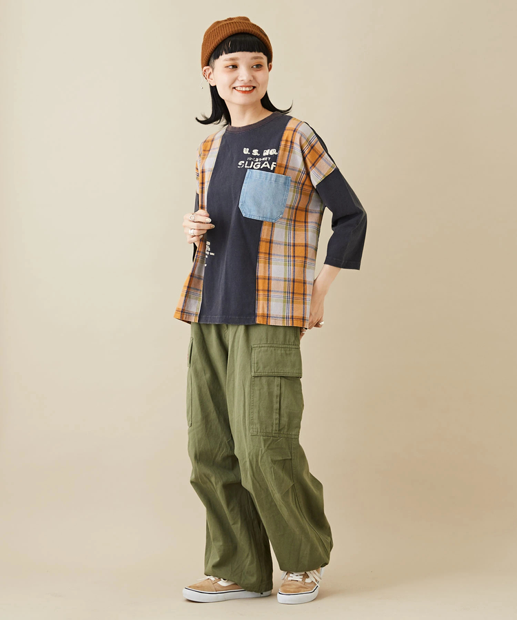 ○無地 × チェック パウダー加工 異素材 切替 ボックス Tシャツ 