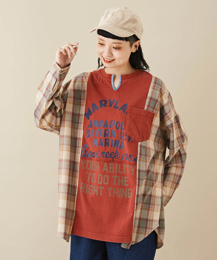 CUBE SUGAR(キューブシュガー) |無地 × チェック パウダー加工 異素材 切替 チュニック Tシャツ