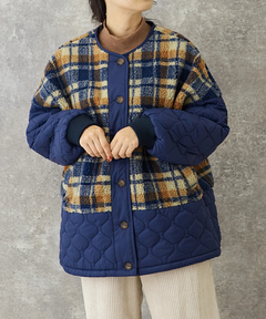 WEB限定 チェック ボア × キルティング ノーカラー ブルゾン