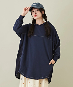 WEB限定 スウェット × デニム ドッキング フード付き チュニック