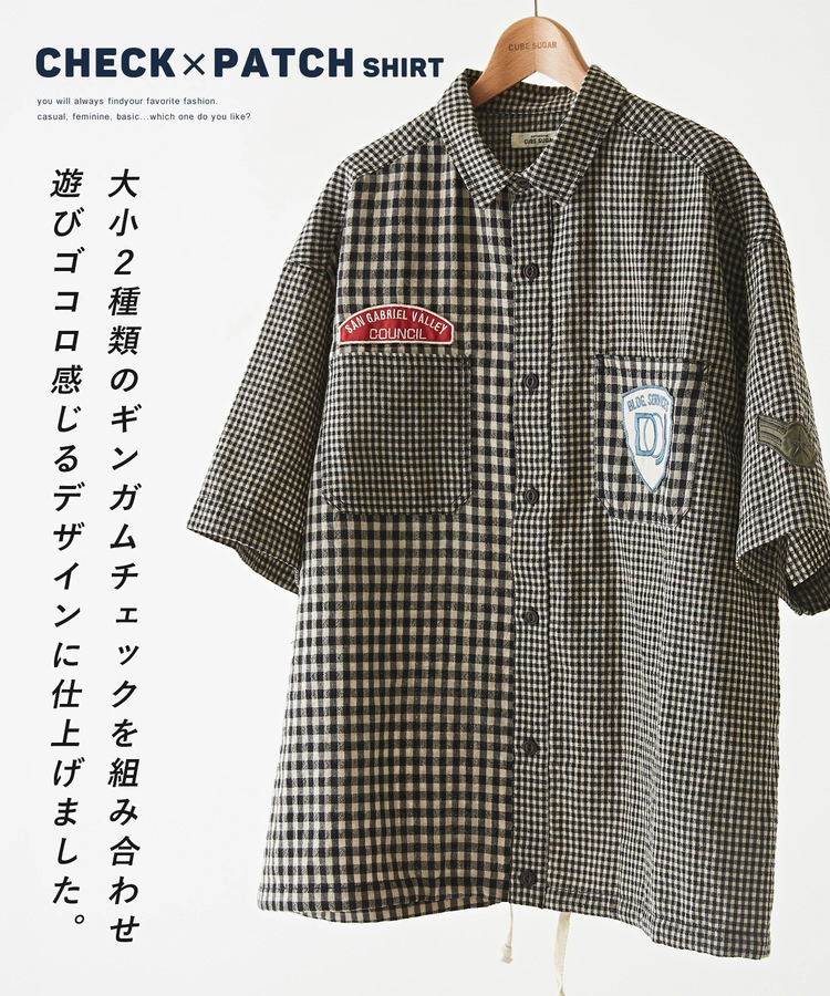 CUBE SUGAR(キューブシュガー) |ギンガムチェック ワッペン付 裾ドロスト シャツ