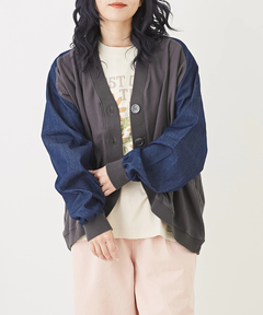 WEB限定 ヘリンボーン × カット デニム 切替 カーディガン