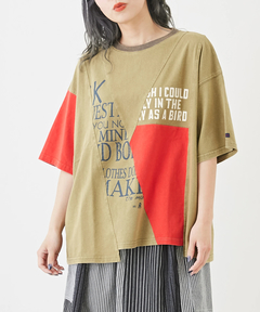 パウダー加工 カットソー 切替 ロゴ リメイク風 Tシャツ