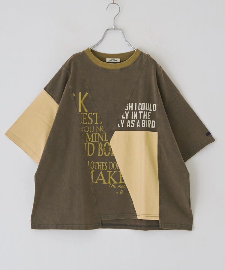 CUBE SUGAR(キューブシュガー) |パウダー加工 カットソー 切替 ロゴ リメイク風 Tシャツ