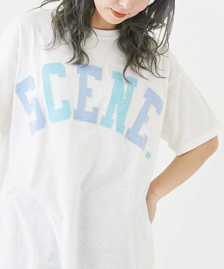 CUBE SUGAR(キューブシュガー) |片染天竺 カットソー アップリケ ロゴ ロング丈 ビッグ Tシャツ