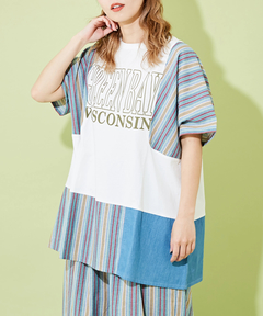 ストライプ × デニム × カットソー 切替 ドルマン Tシャツ