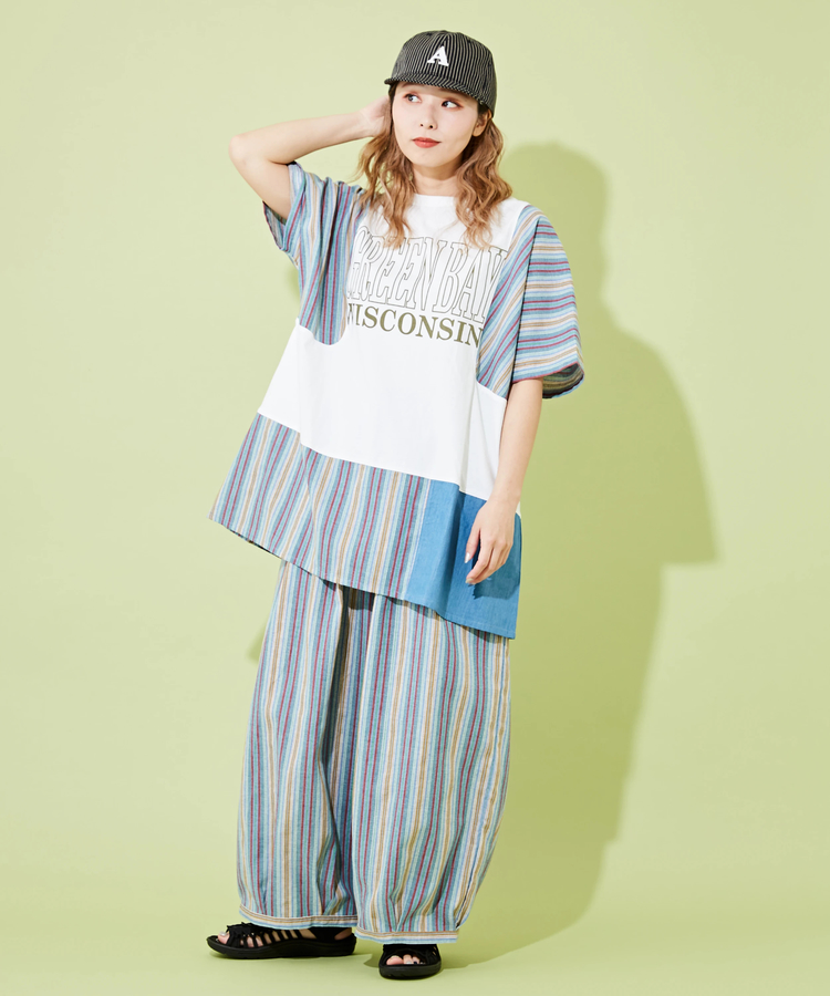 CUBE SUGAR(キューブシュガー) |ストライプ × デニム × カットソー 切替 ドルマン Tシャツ
