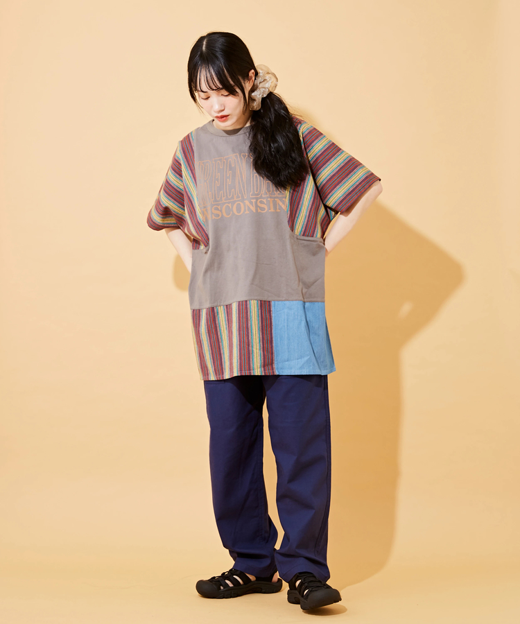 CUBE SUGAR(キューブシュガー) |ストライプ × デニム × カットソー 切替 ドルマン Tシャツ